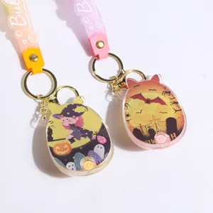 Detailed view of Halloween water ring toss keychain, transparent acrylic toy pendant with lanyard.