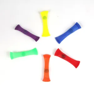 Close-up detail of colorful mesh and marble stress relief toy tubes, showing bright woven texture.