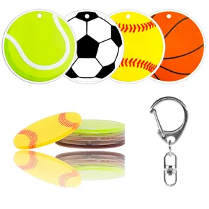 Blank DIY acrylic sports keychains set featuring tennis, soccer, basketball and baseball.