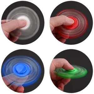 Close-up detail showing four colorful spinning fidget toys in white, red, blue, and green motion.