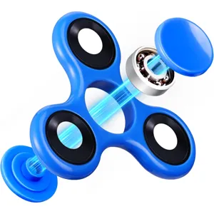 Close-up detail shot of the blue fidget spinner showing its bearing and dual caps.