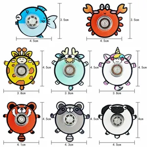 Vista dettagliata di simpatici fidget spinner animali con dimensioni e specifiche di peso.
