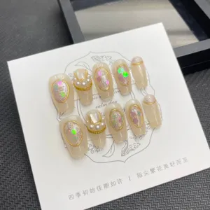 Bellissimi dettagli di unghie fatte a mano con glitter, cornici dorate e perle fini.