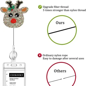 Christmas glitter reindeer retractable badge holder with durable fiber thread and clear case.