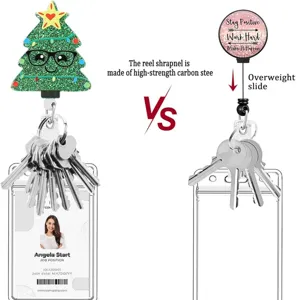 Detailed view of retractable badge reel with carbon steel spring and Christmas tree design.