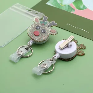 Christmas glitter reindeer retractable badge reel holder with clear card sleeve for ID card office.