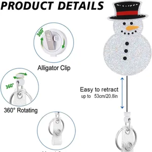 Close-up detail view of the glitter snowman retractable badge reel showing 360 rotation.