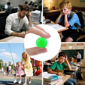 Detailansicht des Anti-Stress-Balls für Arbeit und Studium in verschiedenen Alltagssituationen.