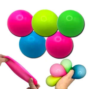 Close-up details of colorful stress relief squeeze balls, showing high elasticity and stretching.