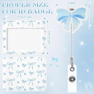 Blue bow ID badge holder with retractable reel, cute card protector for office work.