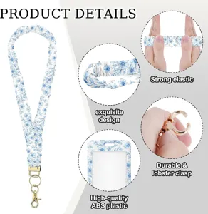 Blau weißes Blumen Stoff Lanyard Scrunchie Nackenband mit Ausweishalter und Metallkarabiner