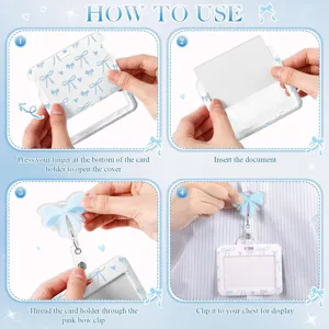 Retractable badge reel with cute blue bow print ID card holder instruction guide for daily.