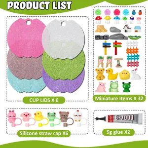 Glitzer Acryl Tassen Deckel Set mit Miniatur Tier Figuren und Silikon Strohhalm Kappen.