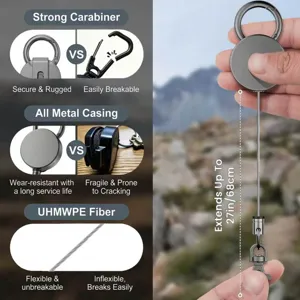Vue détaillée du porte-clés rétractable robuste équipé d'un câble en acier et mousqueton.