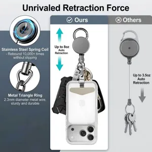 Enrouleur retractable robuste en fil d'acier, force de rappel forte pour cles et telephone.