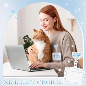 Retractable badge reel with cute blue bow print ID card holder for office workers and nurses.