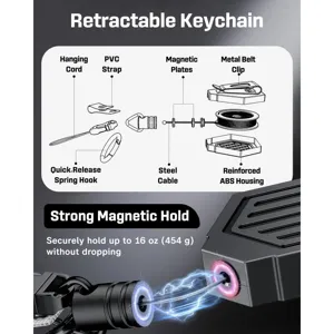 Portachiavi retrattile con chiusura magnetica, cavo in acciaio e clip per cintura.