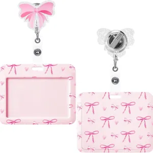 Pink bow badge holder and retractable reel set, ideal for office workers and nurses.