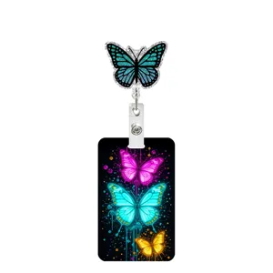 Colorful butterfly retractable badge reel and ID card holder set with UV print design.