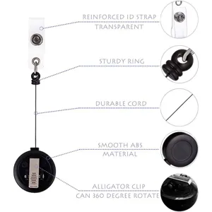 Detail view of retractable badge reel, smooth ABS material, 360-degree rotating clip.