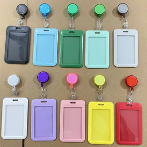Colorful ID badge holder with retractable reel, vertical plastic card protector for office school.