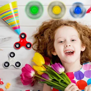 Detail view of colorful tri-spinner fidget toys, perfect stress relief hand toys for kids.