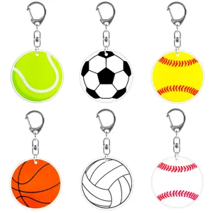 Set of 6 sports ball acrylic keychains including basketball football tennis baseball.