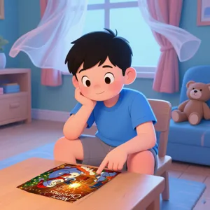 Escena de detalle que muestra a un niño jugando con el rompecabezas navideño en la mesa.