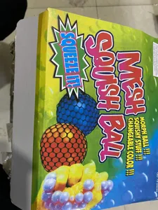 Colorful mesh squish ball stress relief toy packaging box detail view for fun playtime.