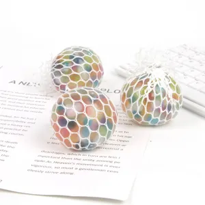 Colorful mesh squeeze ball stress relief toy rainbow bead sensory fidget toy for kids