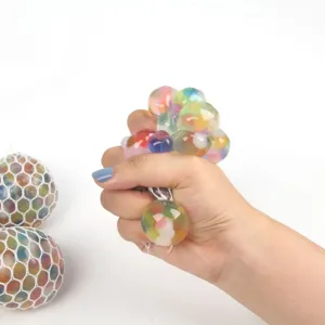 Colorful mesh squeeze grape ball stress relief toy, fun sensory fidget toy for anxiety.