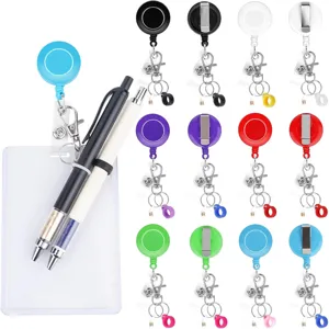 Retractable Badge Reel With Silicone Pen Holder Lobster Clasp Key Ring Metal Back Clip Multipurpose ID Badge Holder Keychain For Office Staff