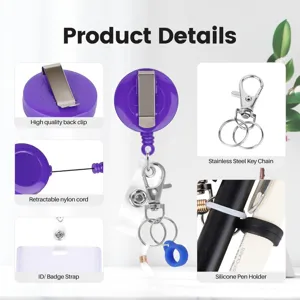 Retractable badge reel with silicone pen holder, stainless steel key chain and strap.