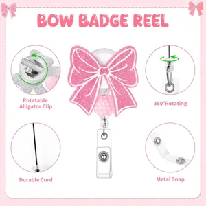 Pink glitter bow badge reel with 360 degree rotating alligator clip and durable cord for ID.
