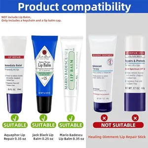 Kompatibilitätsübersicht für Lippenbalsam Schlüsselanhänger Kappen und verschiedene Tuben.