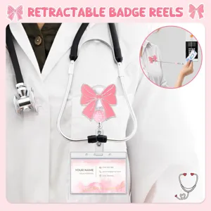 Pink bow retractable badge reel with glitter acrylic beads for nursing ID card holder.