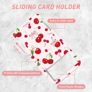 Pink cherry pattern sliding card holder ID badge holder with clear plastic window for daily office.