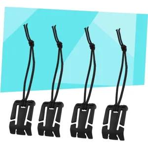 Outdoor multi-functional backpack hanging buckle detail, black plastic design with elastic cord.