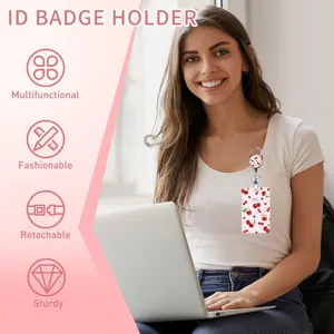 Cherry pattern ID badge holder with retractable reel, polyester card case for office use.