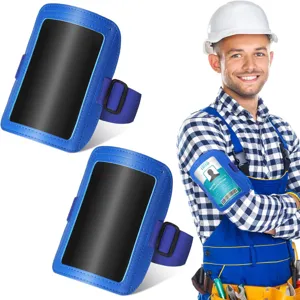 Portabadge da braccio in pelle PU blu con fascia elastica e fibbia per tessere.