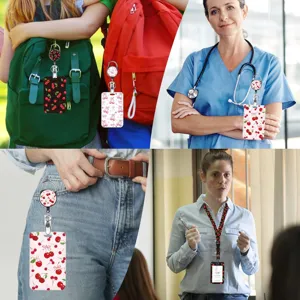 Cherry pattern retractable badge reel lanyard and ID card holder set for office staff