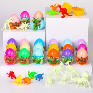Conjunto de juguetes de huevos de dinosaurio de pascua de plastico colorido y esqueleto.