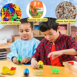 Set de juguete sorpresa huevo de dinosaurio de Pascua con mini dinosaurios coloridos.