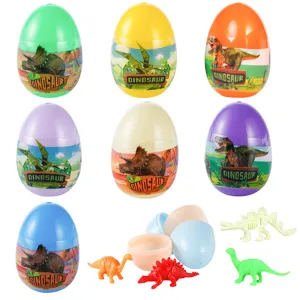 Huevos sorpresa de dinosaurios coloridos con figuras en miniatura dentro, divertido juguete de caja.