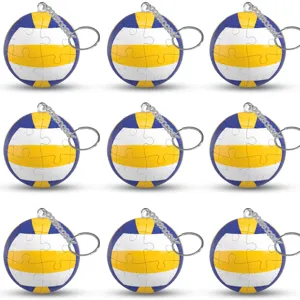 Close-up details of 3D spherical puzzle keychain with metal chain and ring pendant.
