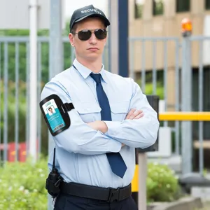 Tactical armband badge holder with elastic strap and adjustable buckle for security ID card.