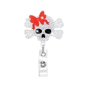 Glitzernder Totenkopf Ausweisjojo mit roter Schleife Namensschild Halter mit Krokodilklammer.