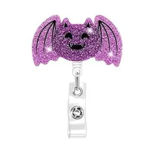 Purple glitter bat badge reel, sparkly Halloween retractable ID card holder with alligator clip