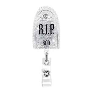 Halloween Glitzer Grabstein Ausweisjolle einziehbarer ID Halter mit Krokodilklemme spuk