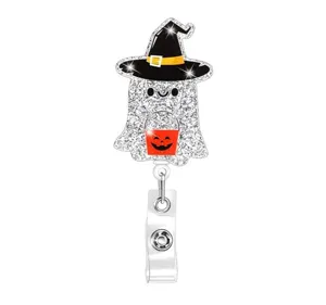 Halloween Glitzer Geist Ausweisjojo mit Hexenhut und Kürbiseimer für Namensschilder Clip